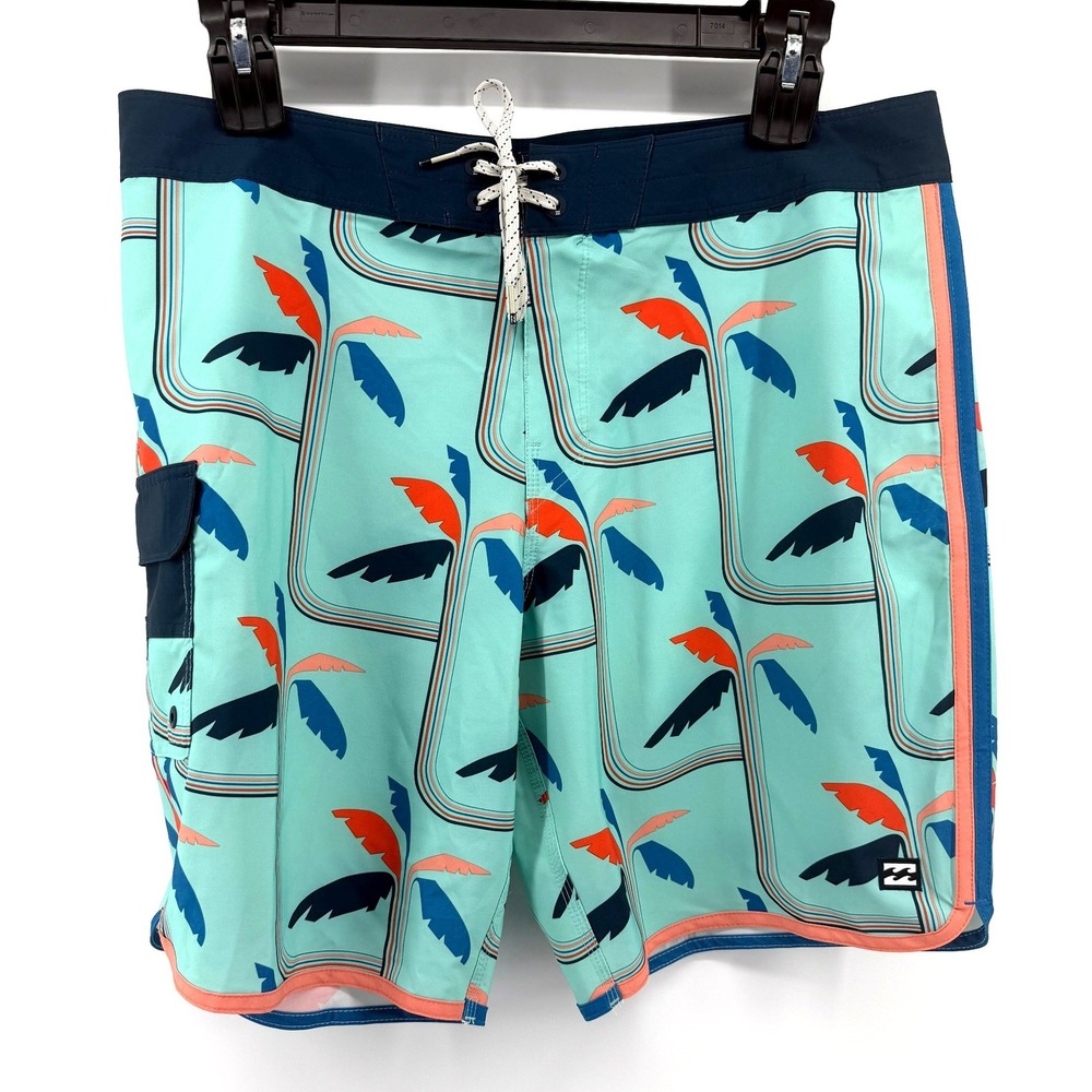 Billabong Recycler 73 Pro Board Shorts Swim Retro Surf Men 36 Aqua Palm Tree New